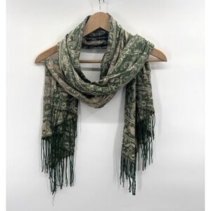 Womens Scarf Wrap Shawl Green Beige Floral Paisley Fringe Pashmina Boho Cottage